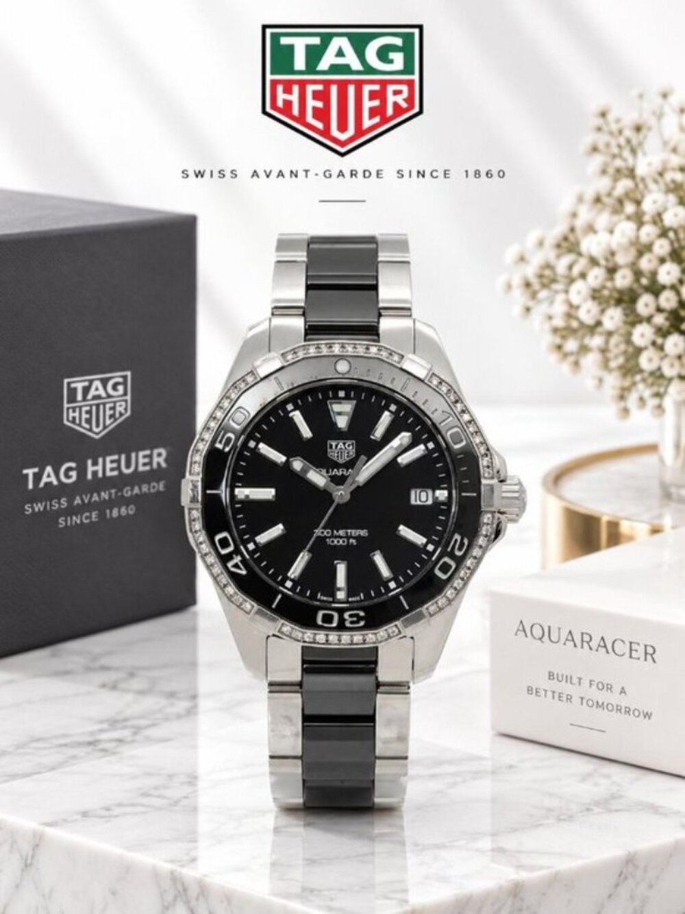 Authentic TAG Heuer Aquaracer Black Dial Stone Bezel Luxury Watch